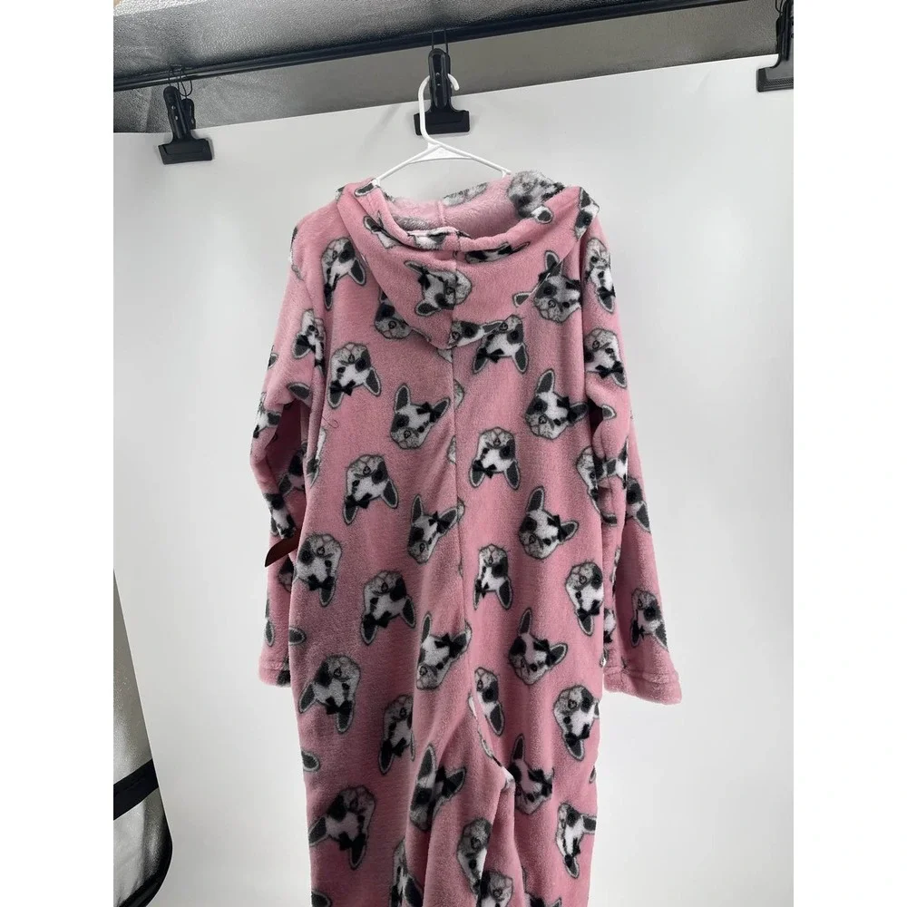 Women Pink French Bulldog Hooded Fleece Pajama Union‎ Suit Sz M